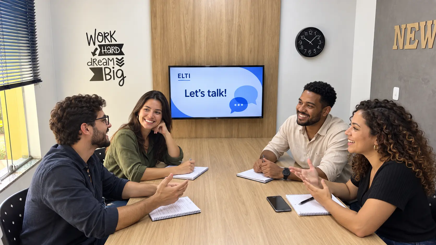 Alunos conversando em inglês ao redor de uma mesa de reunião na ELTI