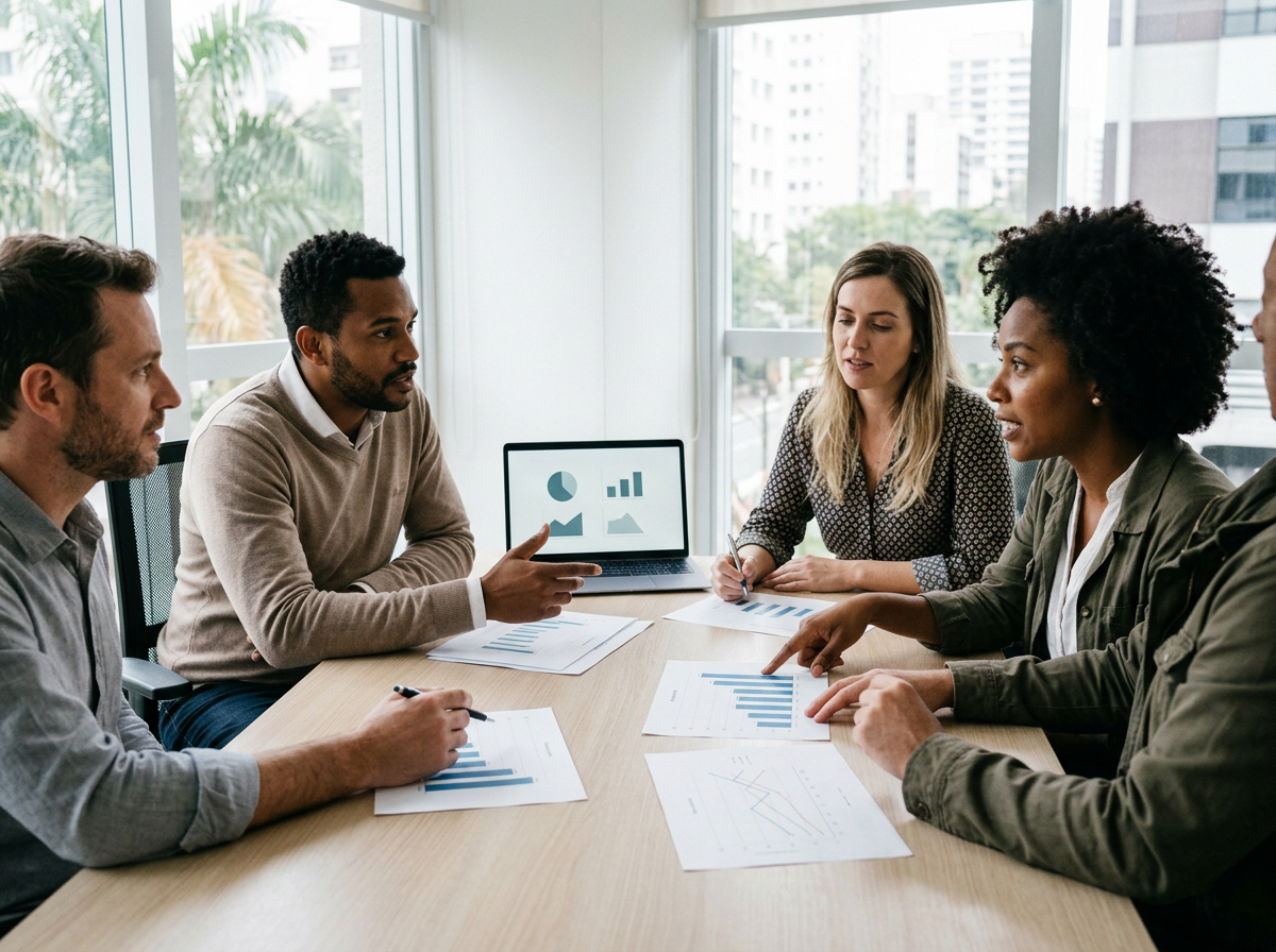 Profissionais praticando inglês em uma reunião de trabalho