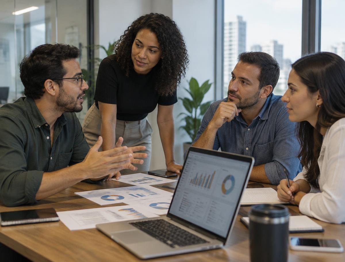 Profissionais praticando inglês em uma reunião de trabalho