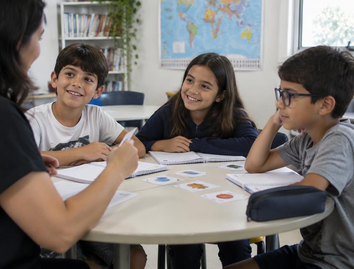 Criança estudando inglês com o material em sala de aula
