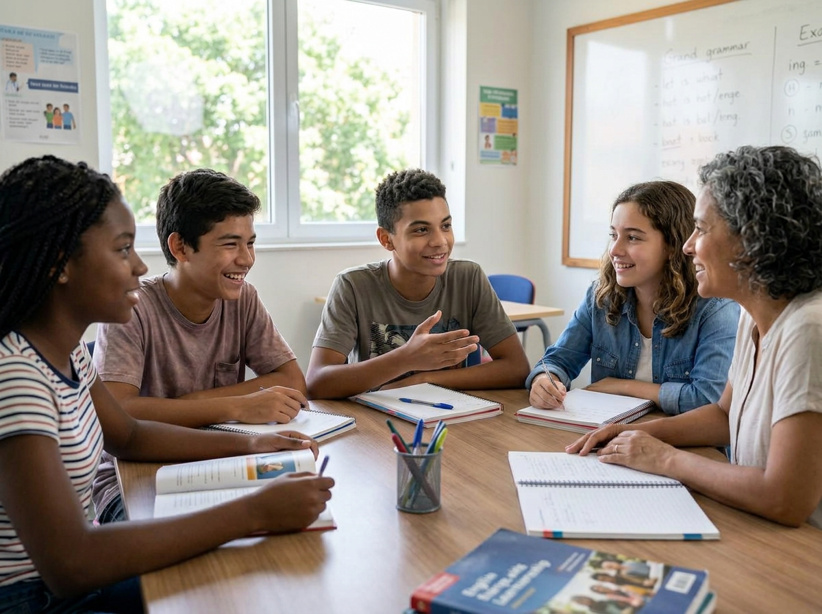 Adolescente concentrado em uma atividade de inglês